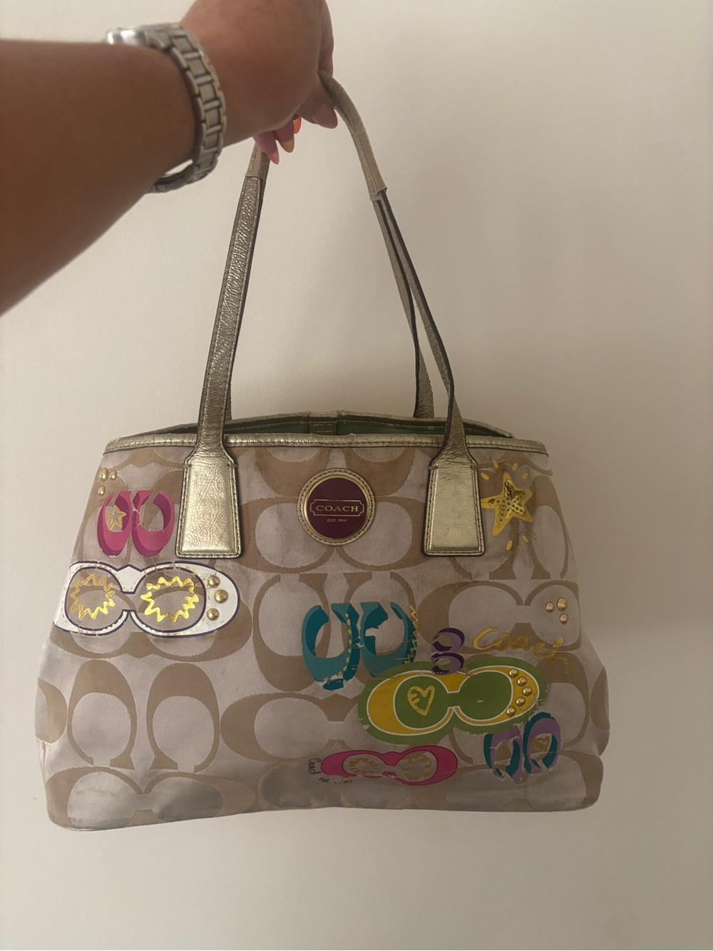 Coach Poppy Appliqué Signature  Kiss Lock Logo Canvas Tote Shoulder Bag